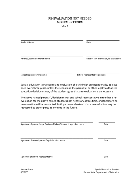 Re-evaluation Not Needed Agreement Form - Kansas