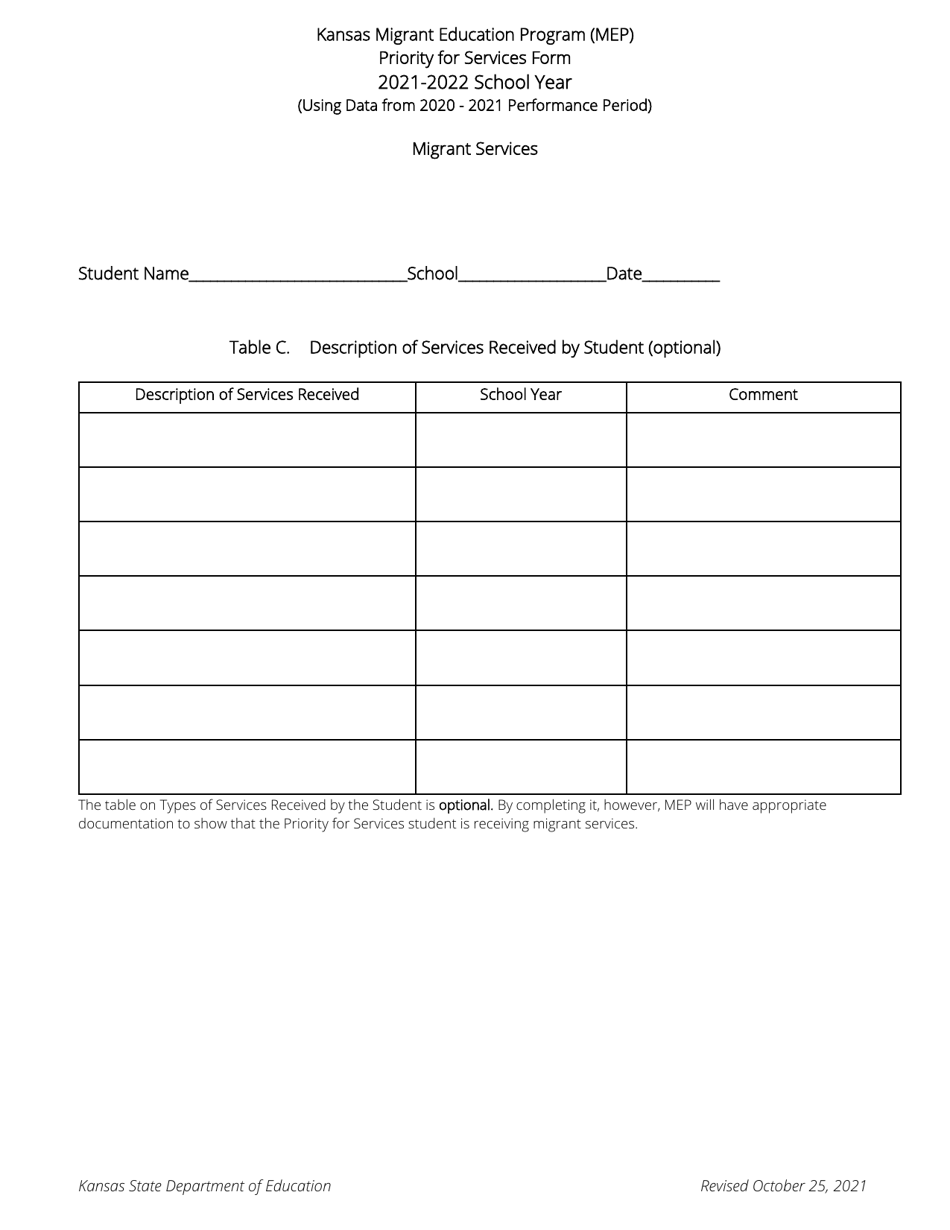 Priority for Services Form - Kansas Migrant Education Program (Mep) - Kansas, Page 3