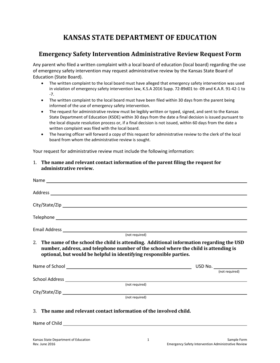 Emergency Safety Intervention Administrative Review Request Form - Kansas, Page 1