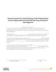 Document preview: General Consent for Limited Queries of the Federal Motor Carrier Safety Administration (Fmcsa) Drug and Alcohol Clearinghouse - Kansas