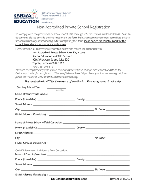 "Non-accredited Private School Registration" - Kansas Download Pdf