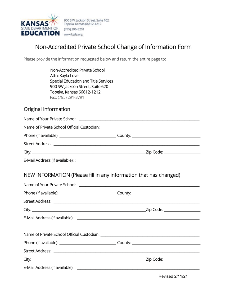 Non-accredited Private School Change of Information Form - Kansas, Page 1