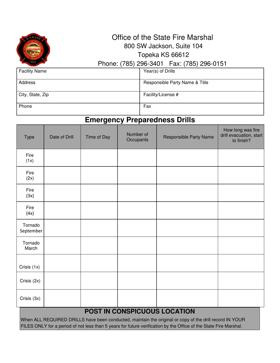 Pre-k Through 12 School Drills Form - Kansas, Page 1