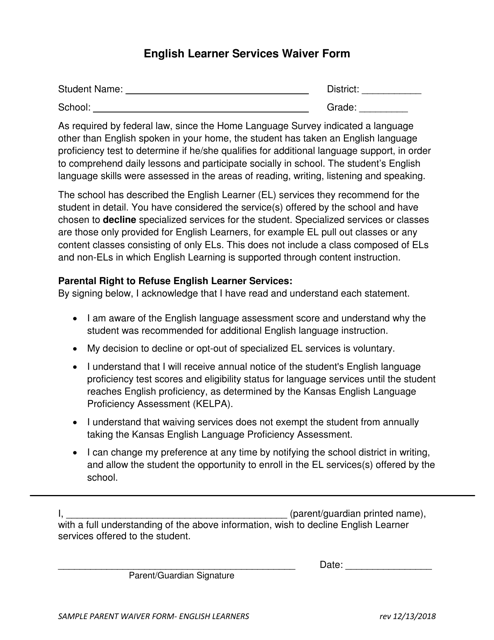 English Learner Services Waiver Form - Kansas