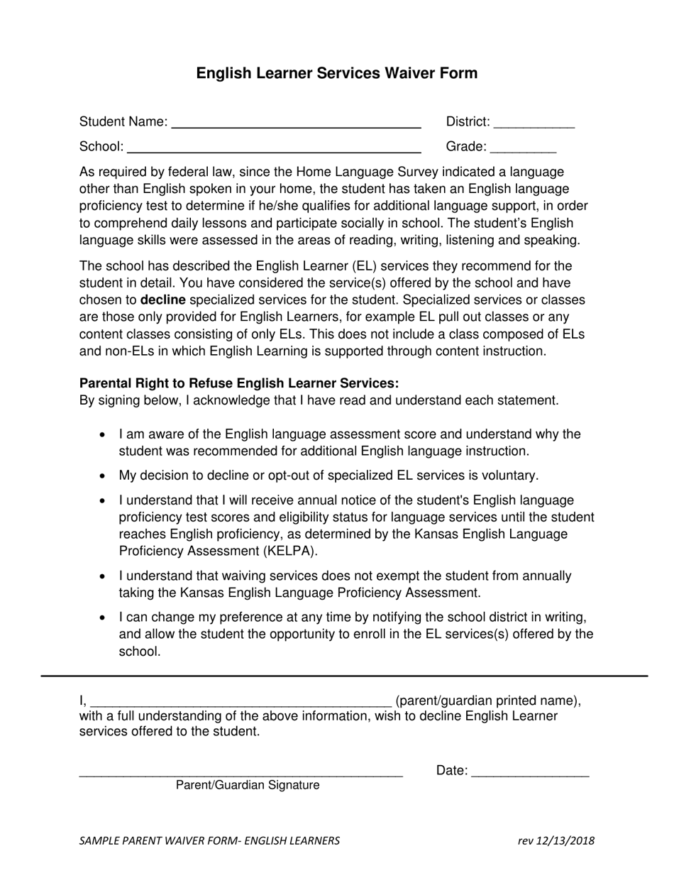 English Learner Services Waiver Form - Kansas, Page 1