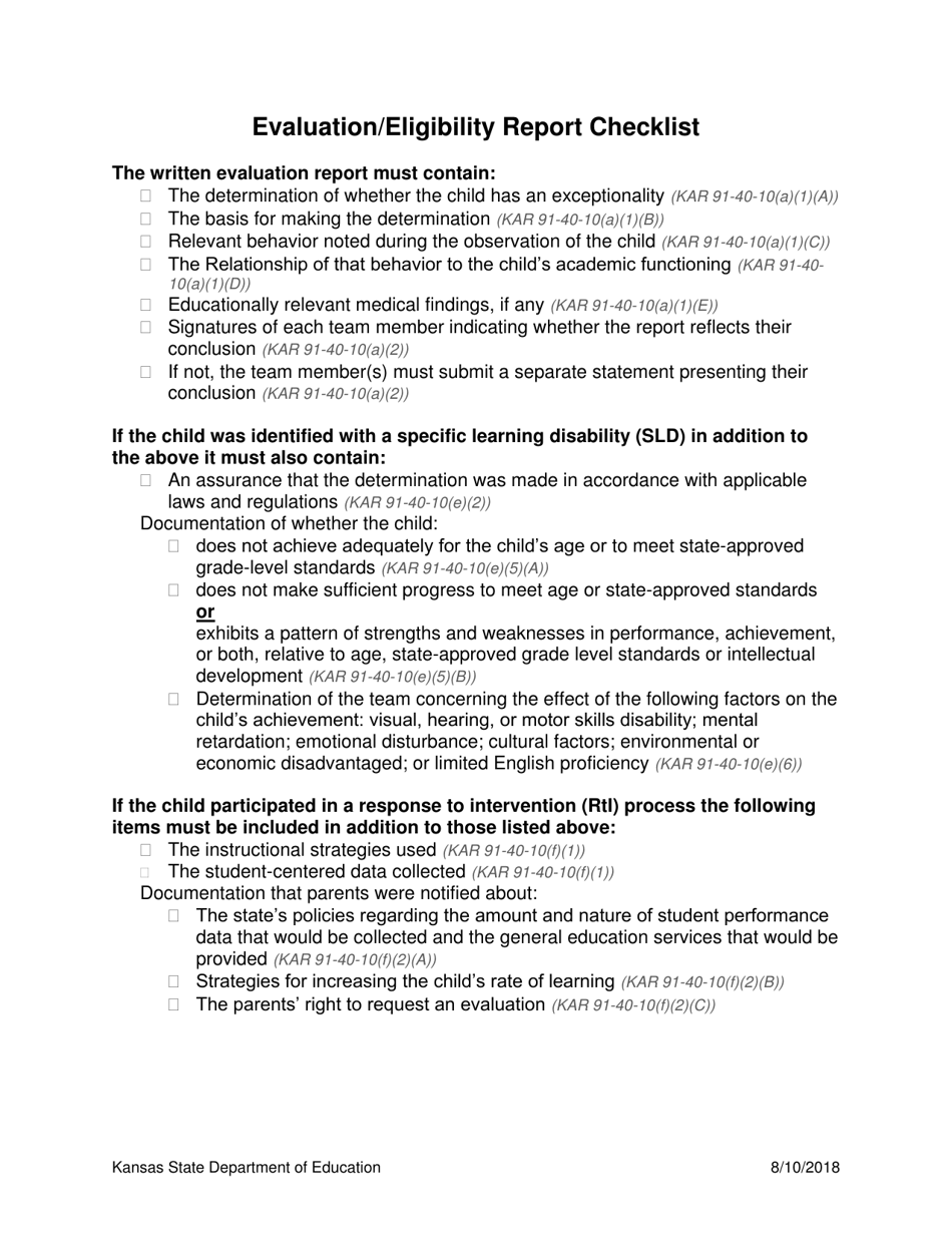 Evaluation / Eligibility Report Checklist - Kansas, Page 1