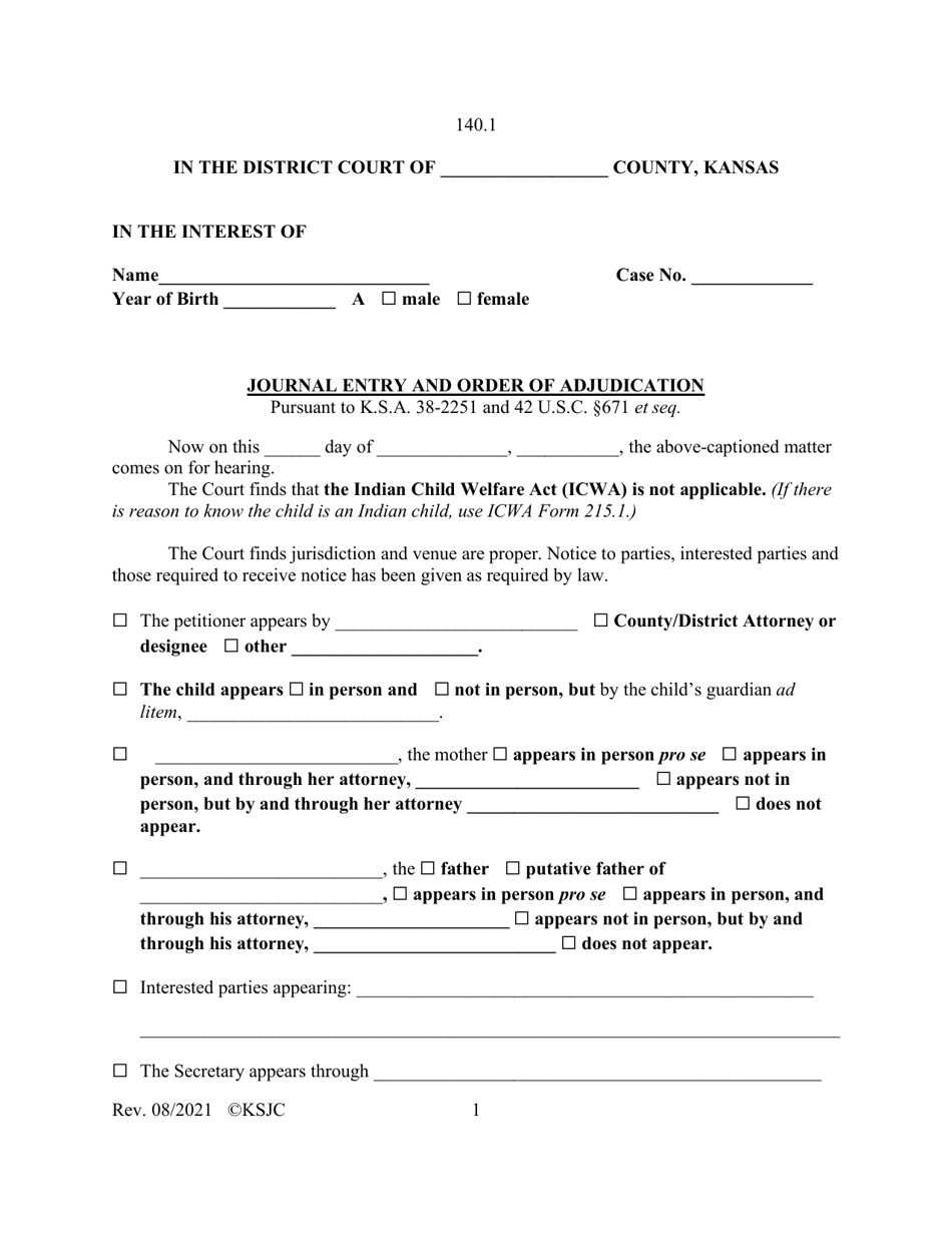 Form 140.1 Journal Entry and Order of Adjudication - Kansas, Page 1