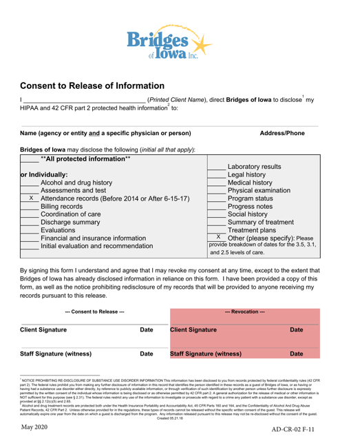 &quot;Bridges of Iowa Consent to Release of Information&quot; - Iowa Download Pdf