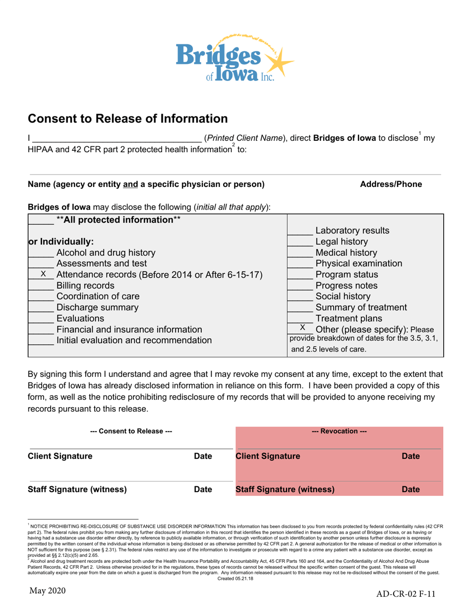 Bridges of Iowa Consent to Release of Information - Iowa, Page 1