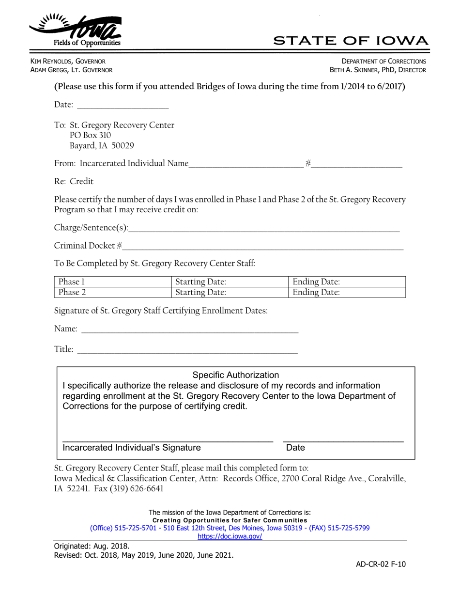 St. Gregory Recovery Center Credit Form - Iowa, Page 1