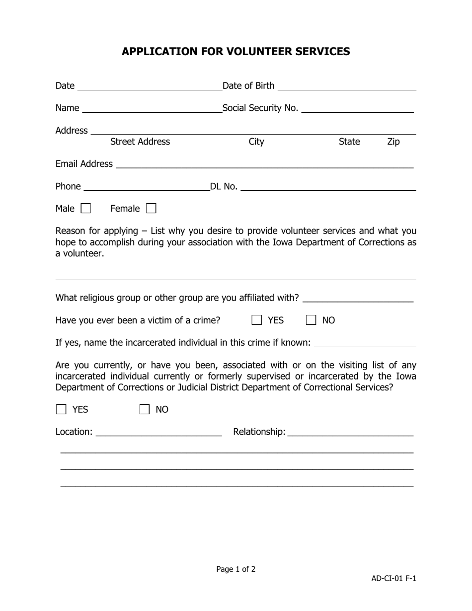 Application for Volunteer Services - Iowa, Page 1