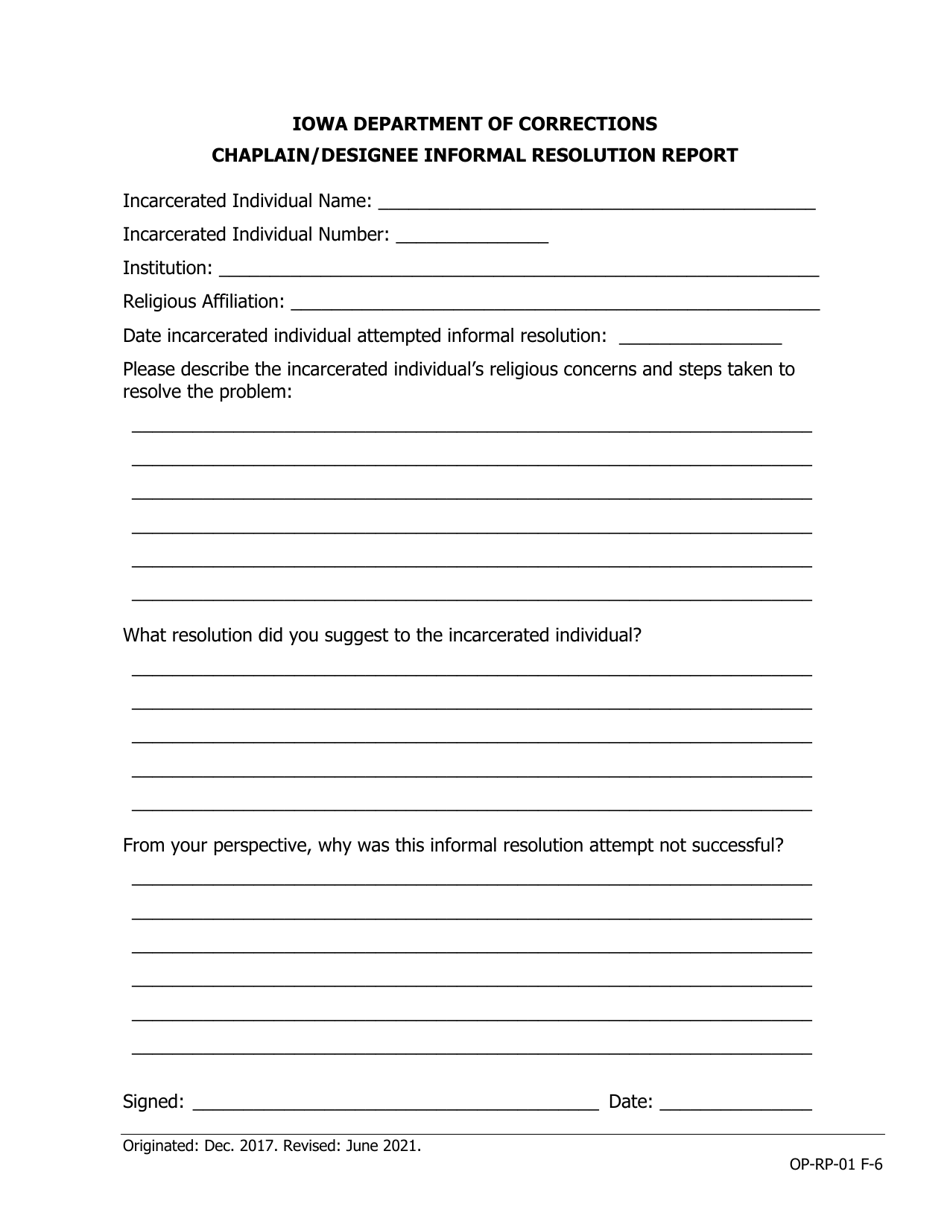 Chaplain / Designee Informal Resolution Report - Iowa, Page 1
