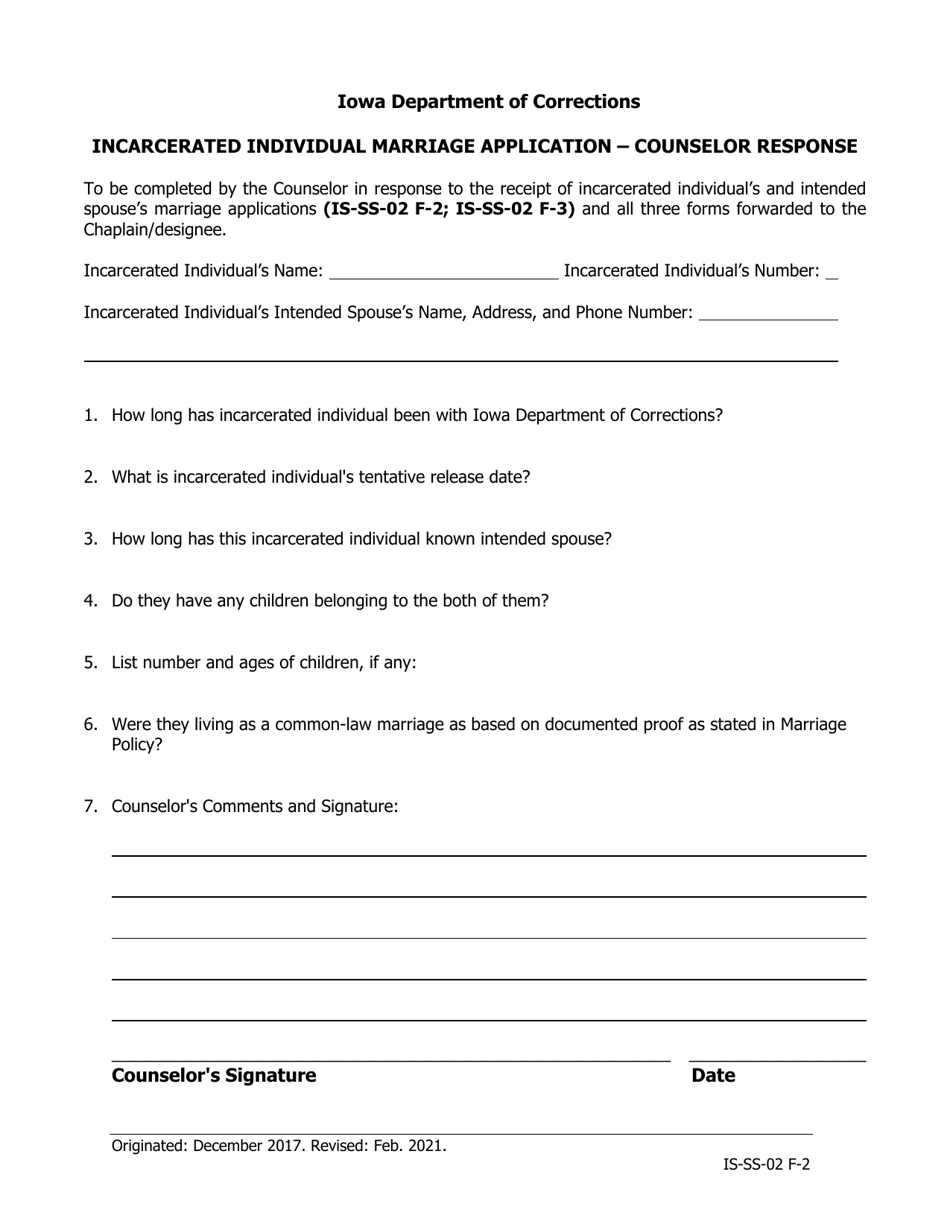 Incarcerated Individual Marriage Application - Counselor Response - Iowa, Page 1