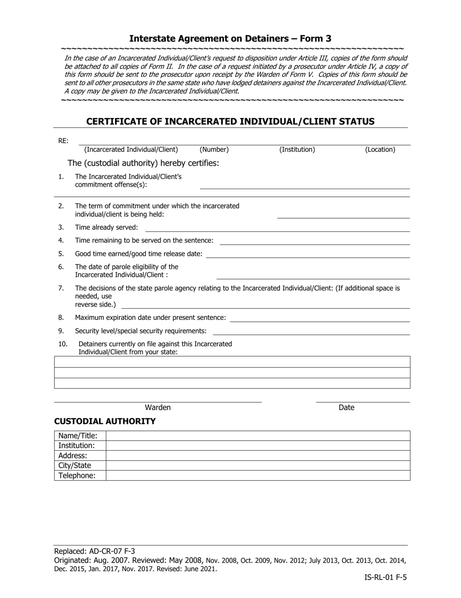 Form 3 Certificate of Incarcerated Individual / Client Status - Iowa, Page 1