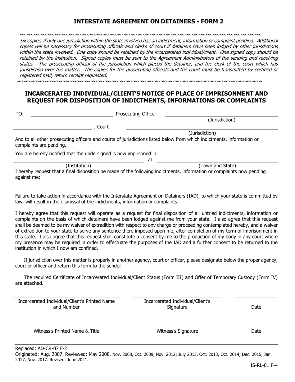 Form 2 Incarcerated Individual / Clients Notice of Place of Imprisonment and Request for Disposition of Indictments, Informations or Complaints - Iowa, Page 1