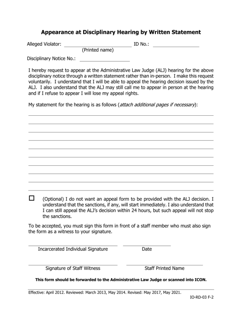 Appearance at Disciplinary Hearing by Written Statement - Iowa Download Pdf