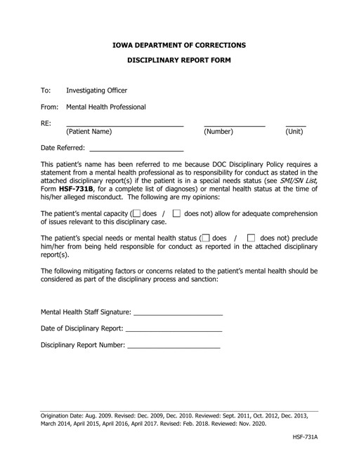 Disciplinary Report Form - Iowa Download Pdf