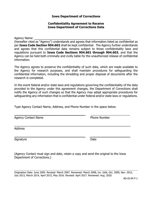 Confidentiality Agreement to Receive Iowa Department of Corrections Data - Iowa Download Pdf