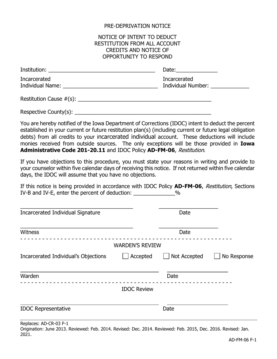 Notice of Intent to Deduct Restitution From All Account Credits and Notice of Opportunity to Respond - Iowa, Page 1
