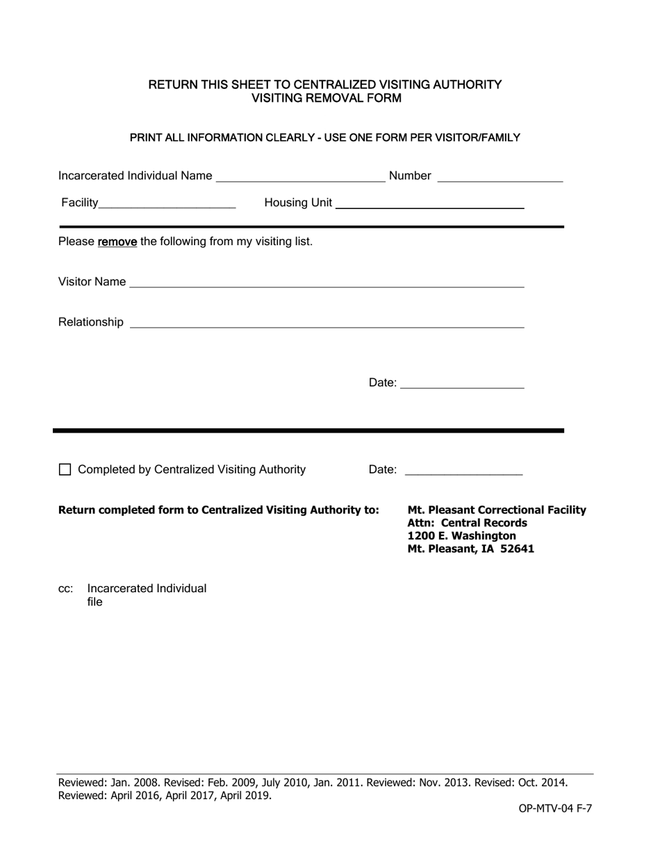 Visiting Removal Form - Iowa, Page 1
