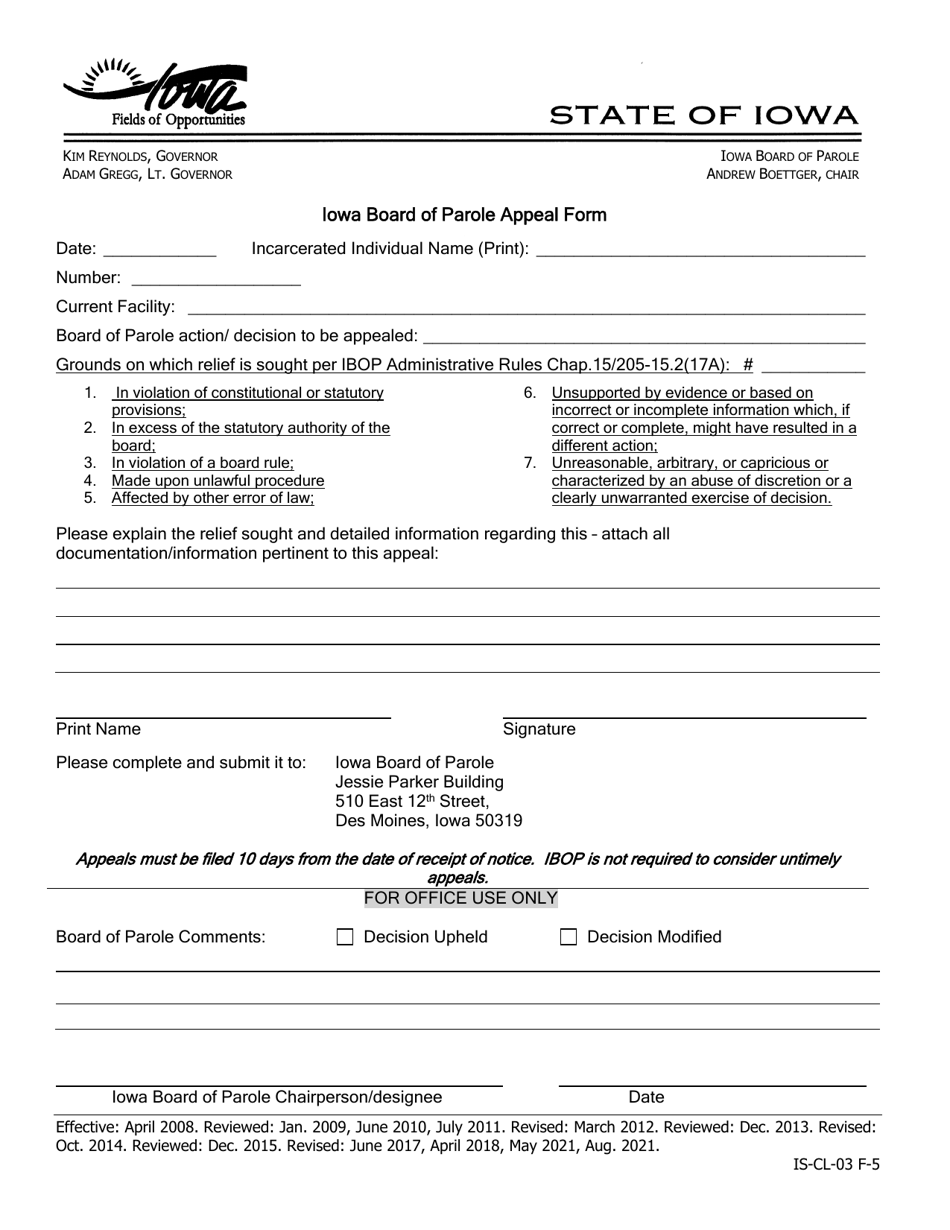 Iowa Board of Parole Appeal Form - Iowa, Page 1