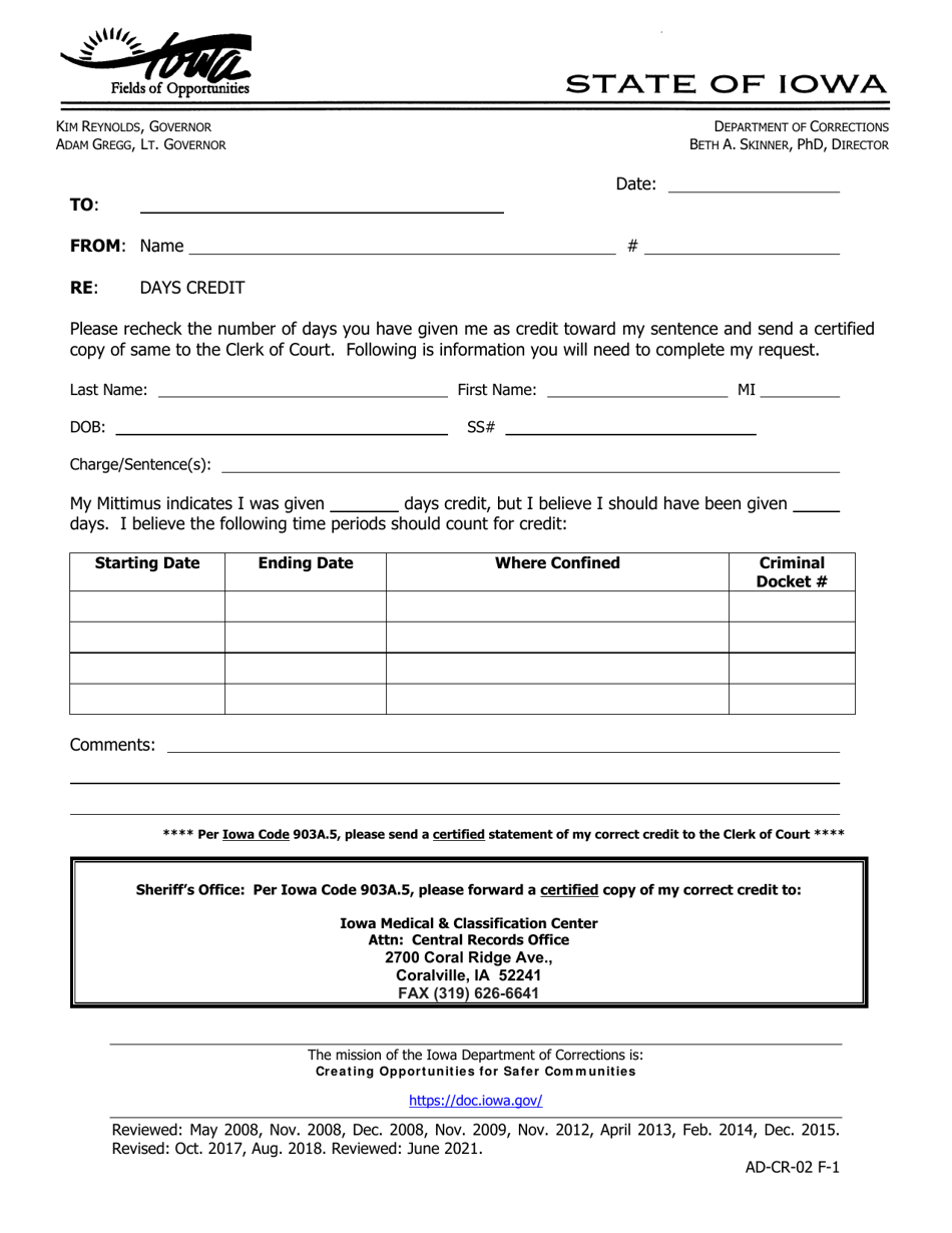 Jail Credit Form - Iowa, Page 1