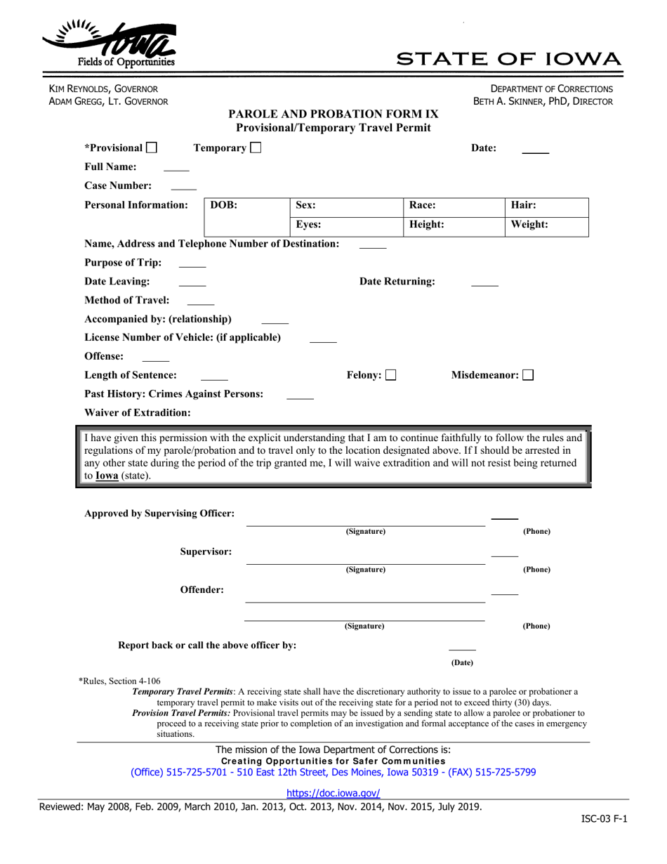 Form IX Provisional / Temporary Travel Permit - Iowa, Page 1