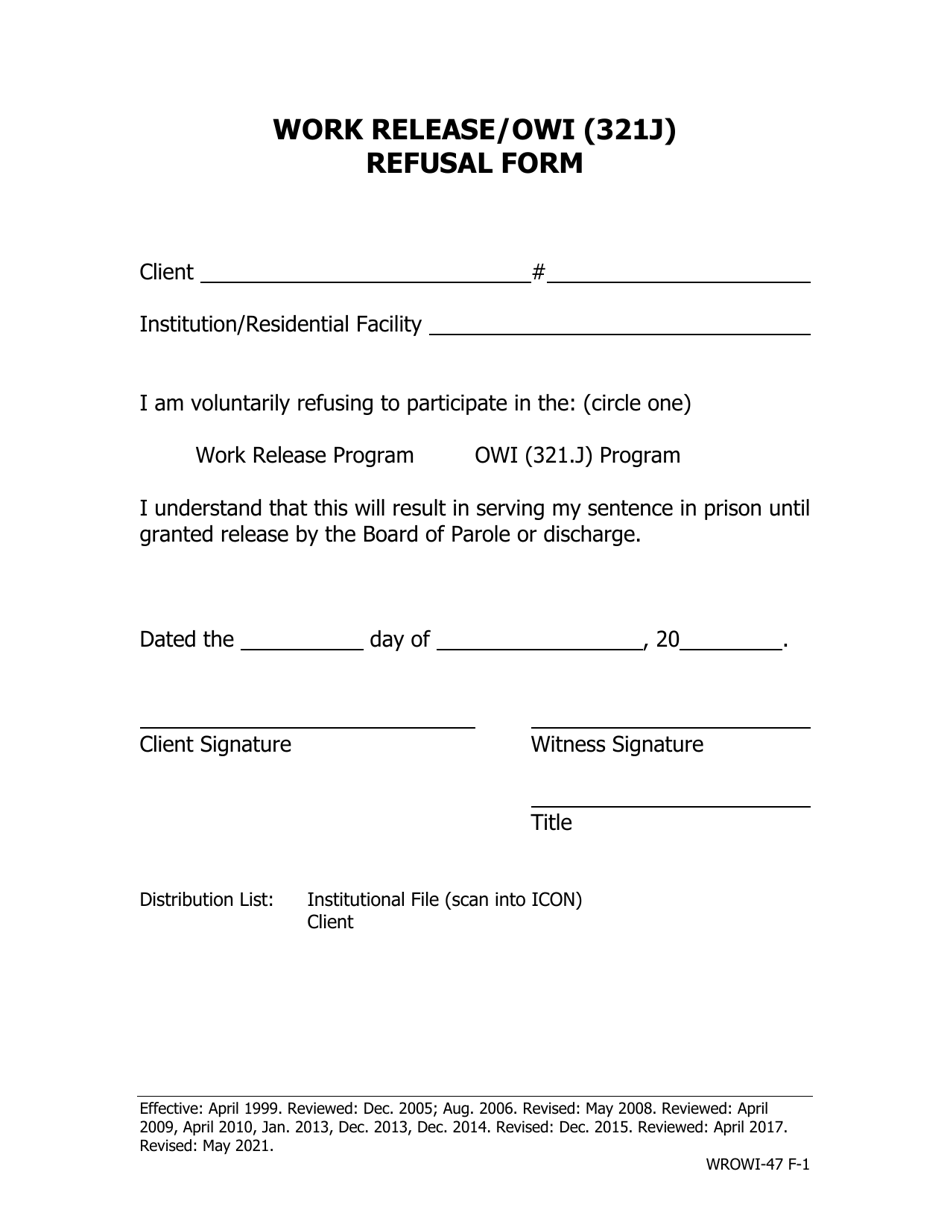 Work Release / Owi (321j) Refusal Form - Iowa, Page 1