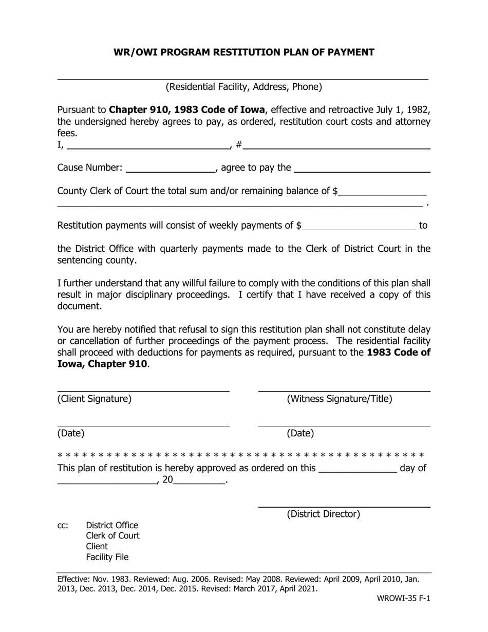 Wr / Owi Program Restitution Plan of Payment - Iowa, Page 1
