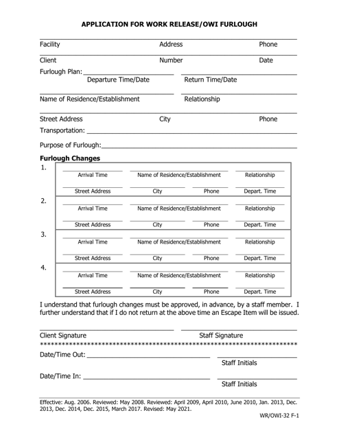Application for Work Release/Owi Furlough - Iowa