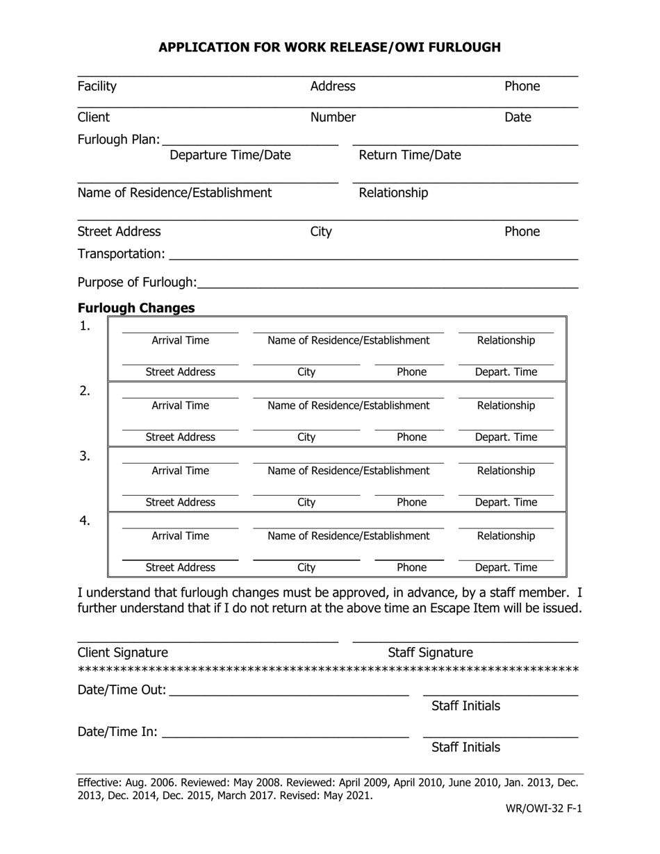 Application for Work Release / Owi Furlough - Iowa, Page 1