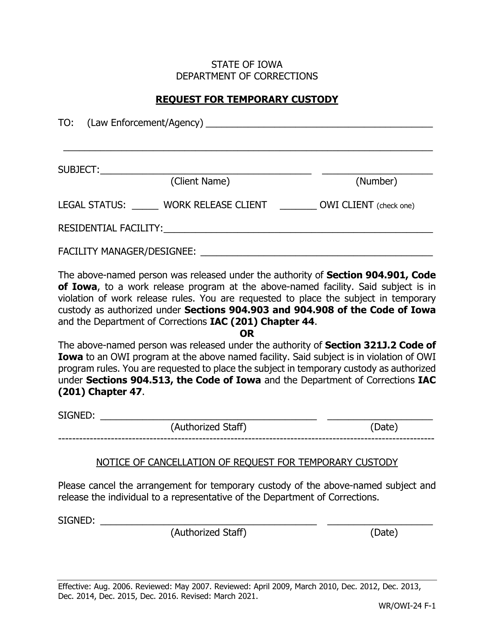 Request for Temporary Custody - Iowa