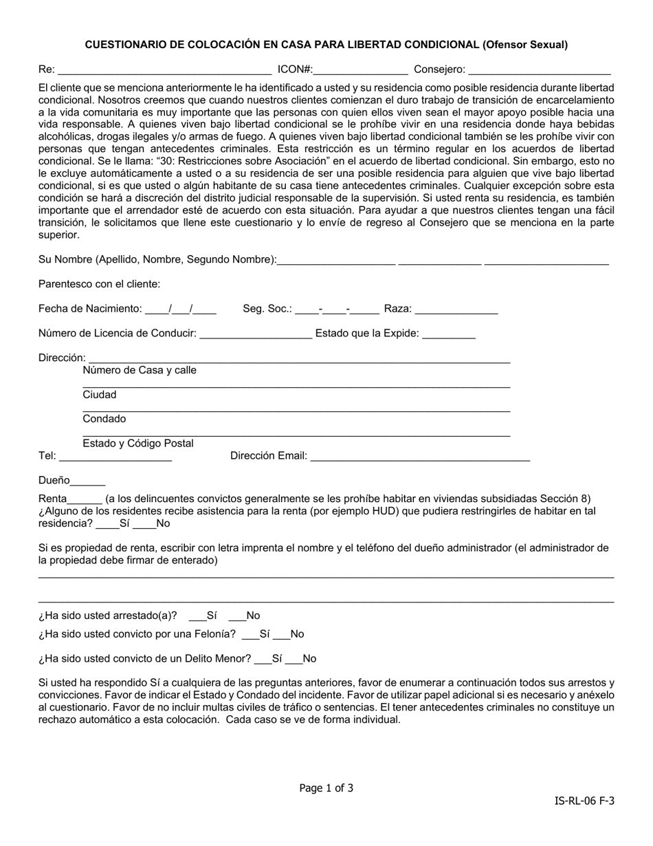 Cuestionario De Colocacion En Casa Para Libertad Condicional (Ofensor Sexual) - Iowa (Spanish), Page 1