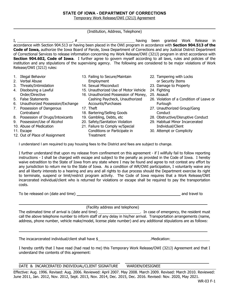 Temporary Work Release / Owi (321j) Agreement - Iowa, Page 1