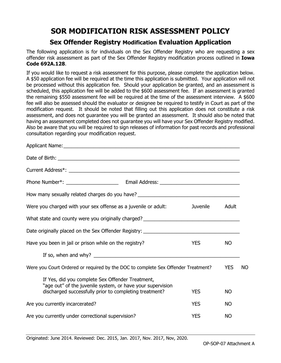Attachment A Sex Offender Registry Modification Evaluation Application - Iowa, Page 1
