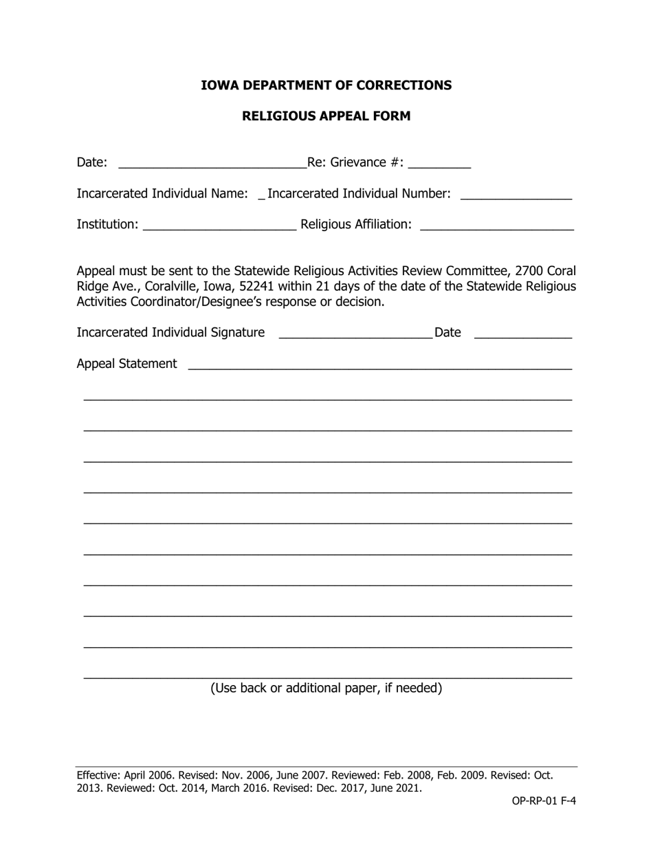 Religious Appeal Form - Iowa, Page 1