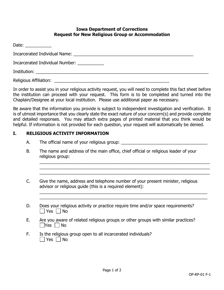 Request for New Religious Group or Accommodation - Iowa, Page 1