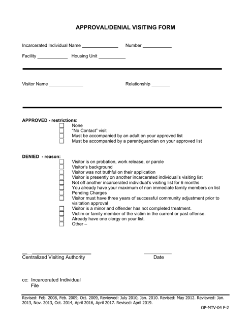 Approval / Denial Visiting Form - Iowa Download Pdf