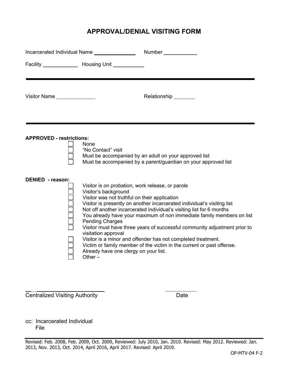 Approval / Denial Visiting Form - Iowa, Page 1