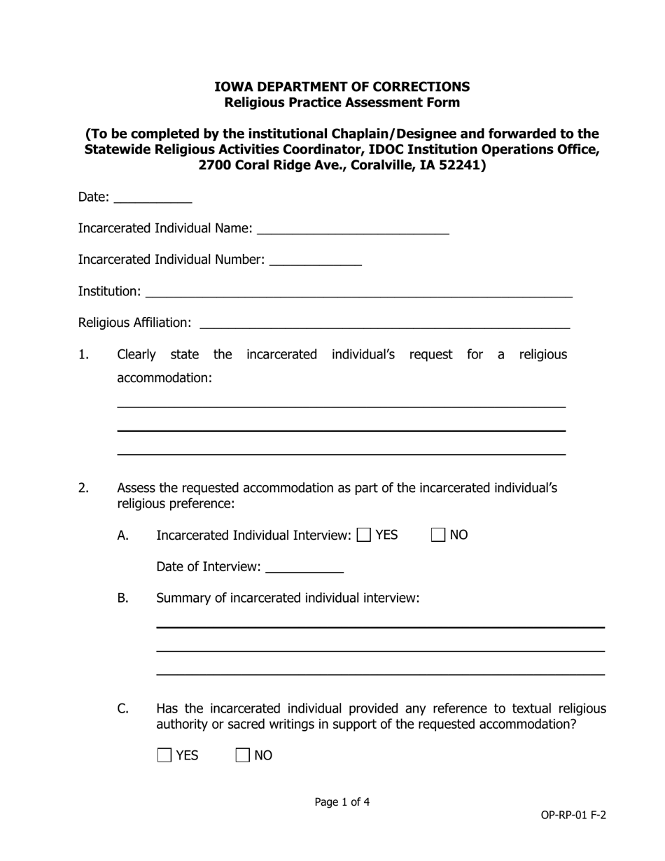 Religious Practice Assessment Form - Iowa, Page 1