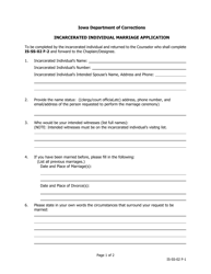 Document preview: Incarcerated Individual Marriage Application - Iowa