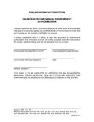 Document preview: Incarcerated Individual Endorsement Authorization - Iowa (English/Spanish)