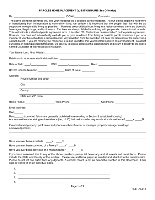 Parolee Home Placement Questionnaire (Sex Offender) - Iowa Download Pdf