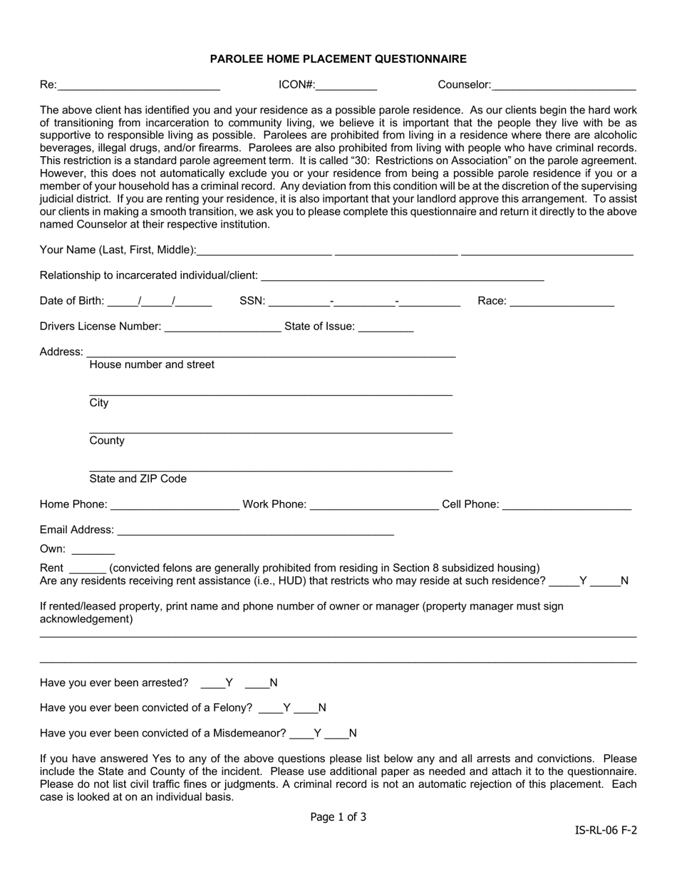 Parolee Home Placement Questionnaire - Iowa, Page 1