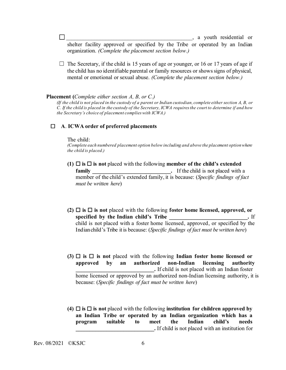 Form 215.1 Indian Child Welfare Act Journal Entry and Order of Adjudication - Kansas, Page 6
