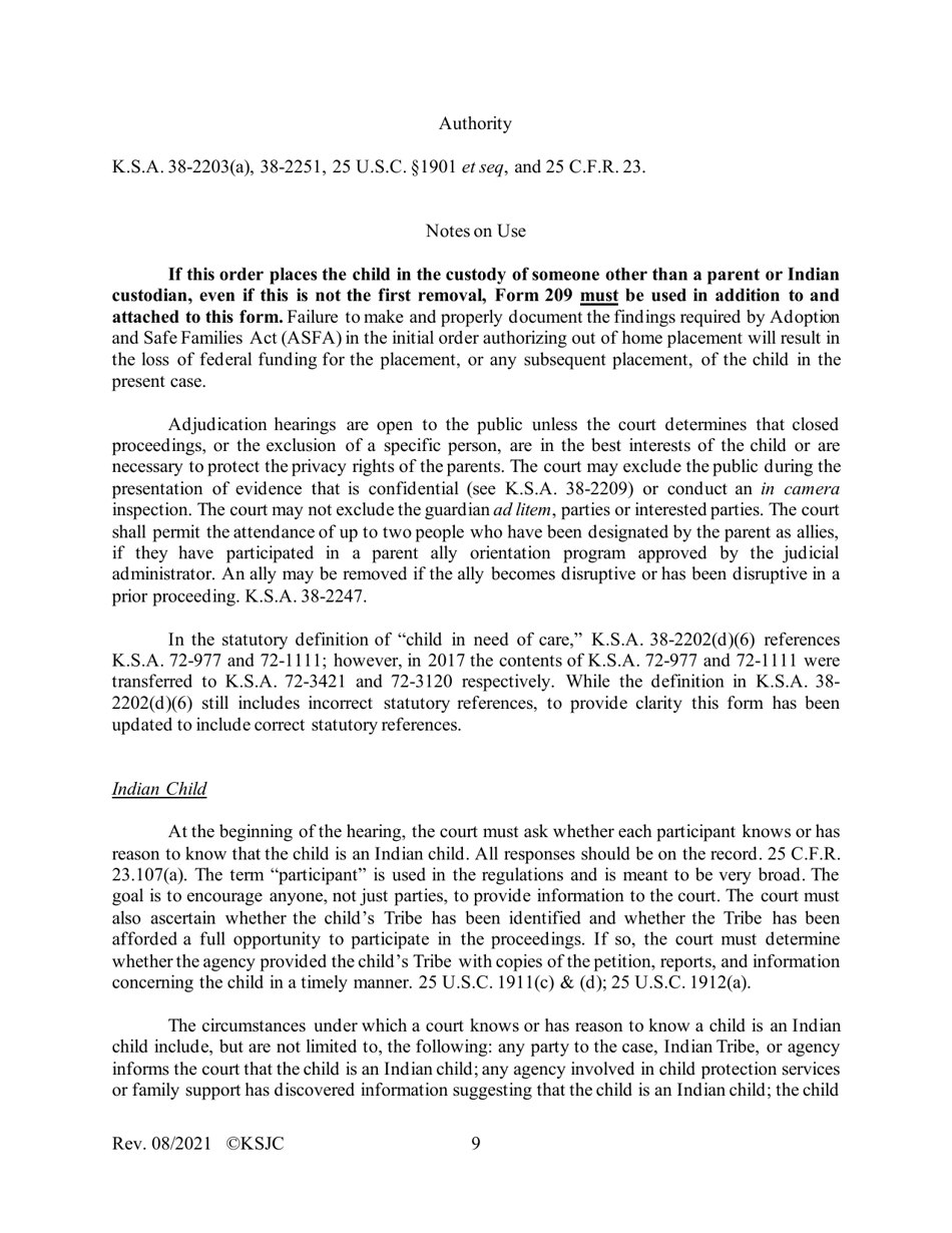 Form 215.1 Indian Child Welfare Act Journal Entry and Order of Adjudication - Kansas, Page 9