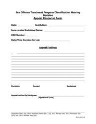 Document preview: Sex Offense Treatment Program Classification Hearing Decision Appeal Response Form - Iowa
