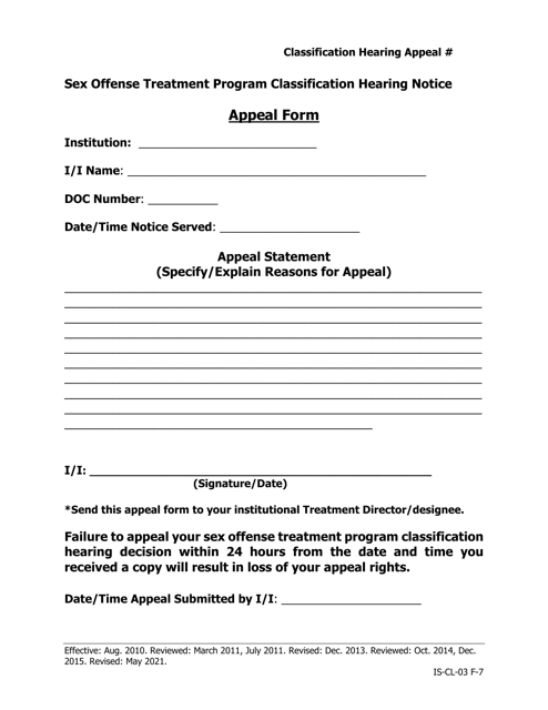 Sex Offense Treatment Program Classification Hearing Notice Appeal Form - Iowa Download Pdf