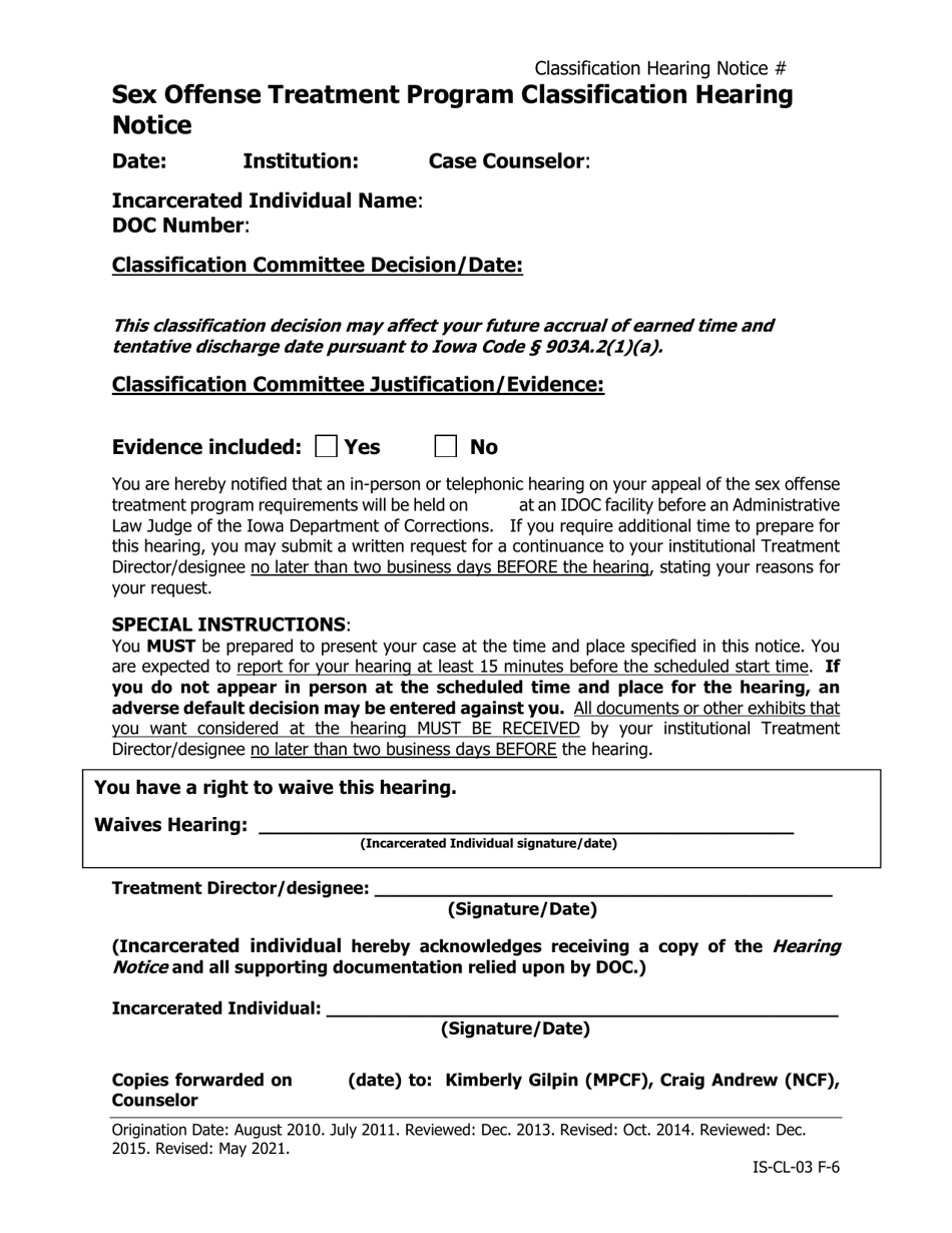 Sex Offense Treatment Program Classification Hearing Notice - Iowa, Page 1