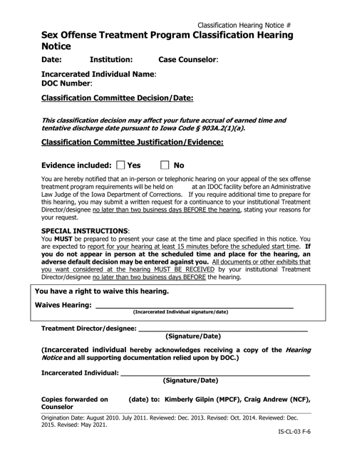 Sex Offense Treatment Program Classification Hearing Notice - Iowa Download Pdf